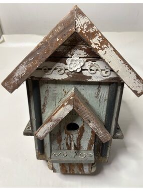 Handmade Shabby Chic Rustic Distressed Wood Bird Birdhouse Gray Blue Brown White